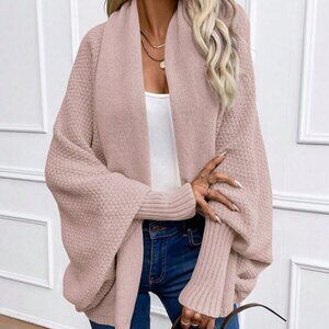Pink Casual Women's Solid Color Batwing Sleeve Long Sleeve Cardigan